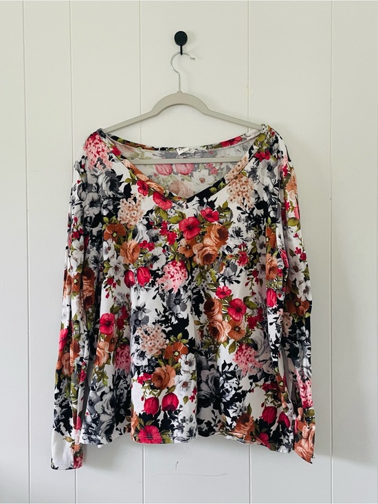Sew In Love Tops - Sew In Love White V-Neck Long Sleeve Top with Pink & Brown Floral